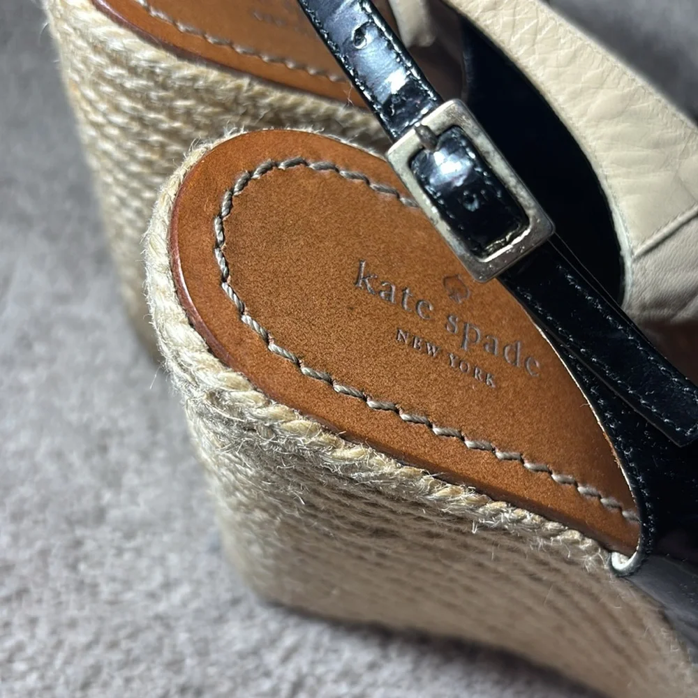 kate spade black patent leather bow platform wedge espadrille open toe heel 9